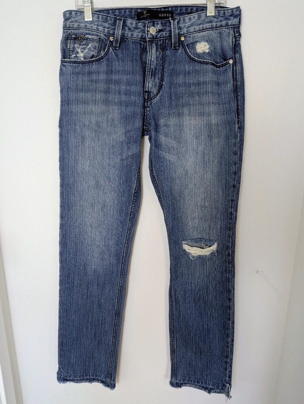 Guess Men's Rigid Slim Straight Jeans Ripped Destroyed Blue Wash Size 32 * 32